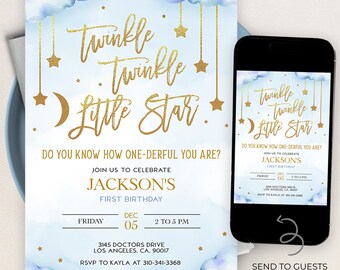 May include: Blue and gold baby shower invitation with a watercolor cloud background and gold stars. The text reads "Twinkle Twinkle Little Star" and includes the baby's name, Jackson, and the date and time of the party. The invitation also includes a phone number for RSVP.