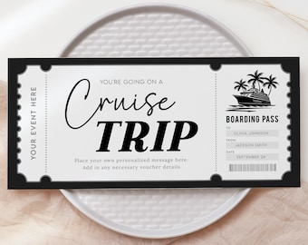 May include: A black and white printable cruise trip ticket with the text "You're going on a Cruise Trip" and "Boarding Pass". The ticket has a space to write in the name of the person going on the trip, the name of the person giving the ticket, and the date of the trip. The ticket also has a picture of a cruise ship.