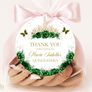 Emerald Quinceañera Thank You Gift Tag, Editable Green Gold Tiara Round Gift Tag, Mis Quince Anos 15th Birthday Party, Instant Download Q029