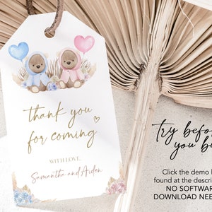 May include: A white thank you tag with gold lettering and a watercolour illustration of two teddy bears, one blue and one pink, holding balloons. The text reads "thank you for coming" and "with love, Samantha and Aiden".
