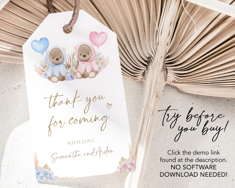 May include: A white thank you tag with gold lettering and a watercolour illustration of two teddy bears, one blue and one pink, holding balloons. The text reads "thank you for coming" and "with love, Samantha and Aiden".