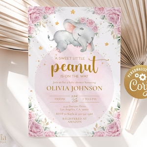 Invito per la doccia per bambini con elefante rosa blush, modello di festa Sweet Little Peanut modificabile, giungla floreale Baby Sprinkle, download istantaneo BS179