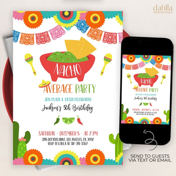 Nacho Average Party Invitation, EDITABLE Fiesta Birthday Invite Template, Taco Birthday, Cactus Party Invite, Mexican Birthday Party, KP038