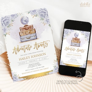 Avontuur wacht op baby shower uitnodiging, BEWERKBARE reizen baby shower, koffer, paarse wereldkaart, meisje baby strooi, kleine ontdekkingsreiziger, BS229