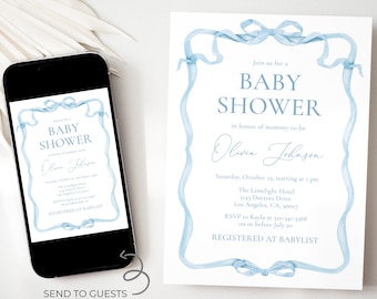 Blue Bow Baby Shower Invitation, Editable Coquette Baby Shower Invite Template, Minimalist Boy Dainty Powder Blue Watercolor Ribbon, BS248
