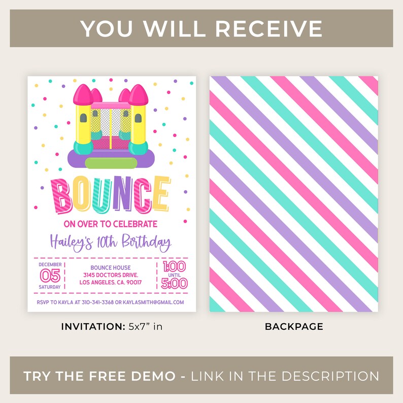 May include: A printable invitation for a 10th birthday party with a bounce house theme. The invitation features a cartoon illustration of a bounce house with colorful polka dots and the text "BOUNCE" in a rainbow font. The invitation also includes the text "On over to celebrate Hailey's 10th Birthday" and the date and time of the party. The back of the invitation features a pink, purple, and turquoise striped pattern.