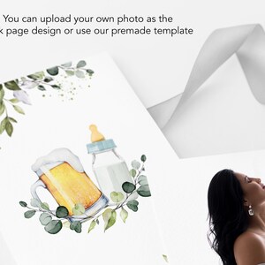 May include: A watercolor illustration of a beer mug and a baby bottle with green leaves. The beer mug is filled with a yellow liquid and has a white foam head. The baby bottle is filled with a white liquid and has a blue nipple. The illustration is on a white background.