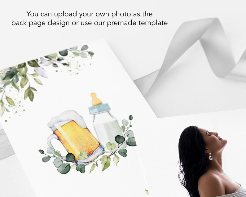 May include: A watercolor illustration of a beer mug and a baby bottle with green leaves. The beer mug is filled with a yellow liquid and has a white foam head. The baby bottle is filled with a white liquid and has a blue nipple. The illustration is on a white background.