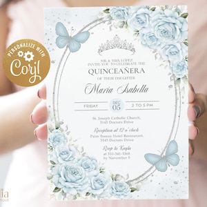 Invitación de Quinceañera azul bebé y plata, invitación a fiesta de mariposa pastel EDITABLE, niña Mis Quince Anos, rosas florales 15 cumpleaños, Q060
