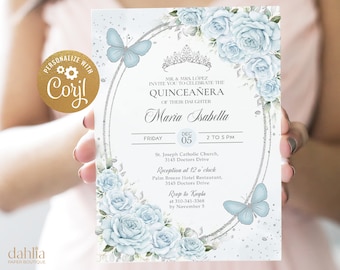 Baby Blue and Silver Quinceañera Invitation, EDITABLE Pastel Butterfly Party Invite, Girl Mis Quince Anos, Floral Roses 15th Birthday, Q060