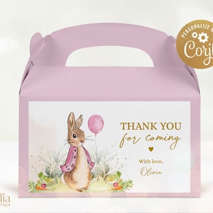 Peter Rabbit Giebelbox Etikett Vorlage, bearbeitbarer Flopsy Bunny Party Aufkleber, Peter Rabbit Geburtstagsetikett, Mädchen rosa Ballon, Instant Download