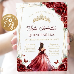 Convite de quinceañera vermelho e dourado EDITÁVEL, modelo de festa de borboletas, Floral Mis Quince Anos, tiara de menina de aniversário de 16 anos, Q041