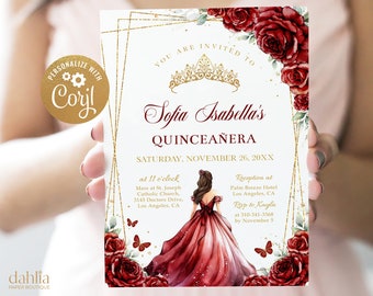 EDITABLE Burgundy Red and Gold Quinceañera Invitation, Butterfly Party Template, Floral Mis Quince Anos, Sweet 16 Birthday Girl Tiara, Q041