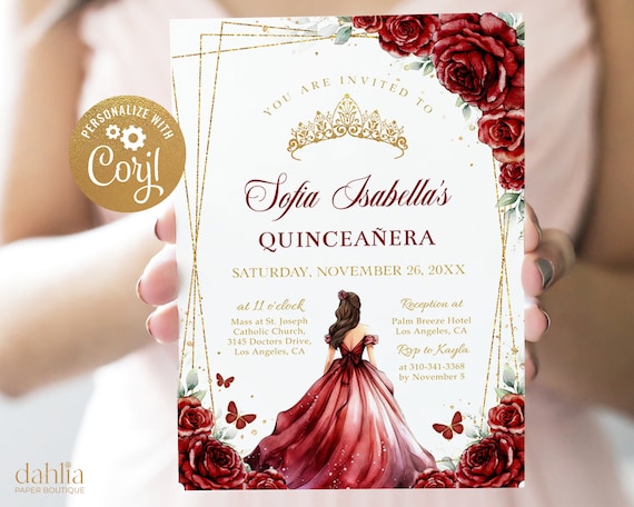 EDITABLE Burgundy Red and Gold Quinceaera Invitation, Butterfly Party  Template, Floral Mis Quince Anos, Sweet 16 Birthday Girl Tiara, Q041 - Etsy  Israel