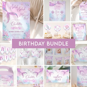 Mermaid Birthday Party Bundle, EDITABLE Under the Sea Party Invite, Magical Birthday Party Decor, Purple Mermaid, Instant Download, KP030