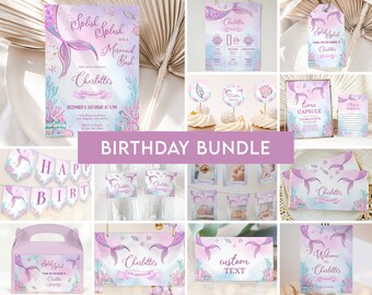 May include: A mermaid-themed birthday party printable bundle with a pink and blue color scheme. The bundle includes invitations, cupcake toppers, a banner, a welcome sign, a time capsule, and other party decorations. The text on the invitation reads "Splish Splash It's a Mermaid Bash Join us to celebrate Charlottes 5th Birthday!"