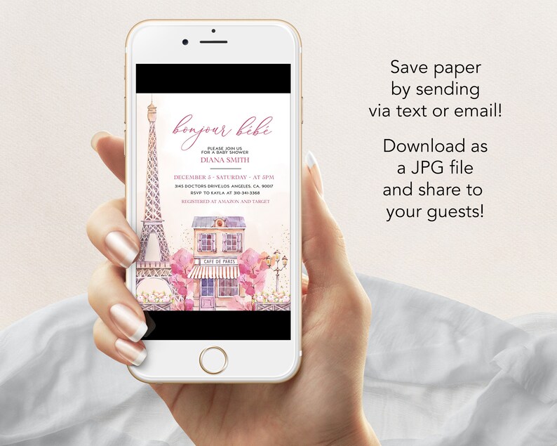 Puede incluir: Una invitaci&oacute;n de baby shower rosa y blanca con una ilustraci&oacute;n de acuarela de la Torre Eiffel y una cafeter&iacute;a parisina. La invitaci&oacute;n dice "bonjour bibi" e incluye detalles del evento, como la fecha, la hora y el lugar.
