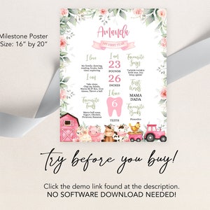 Peut inclure: Une affiche de jalons imprimable rose et verte pour le premier anniversaire d'une petite fille. L'affiche pr&eacute;sente un th&egrave;me de ferme avec une grange rouge, des animaux et un tracteur. L'affiche comprend le nom du b&eacute;b&eacute;, Amanda, et son &acirc;ge, son poids, sa taille et le nombre de ses dents. L'affiche comprend &eacute;galement les chansons, les mots, les aliments et les livres pr&eacute;f&eacute;r&eacute;s du b&eacute;b&eacute;.