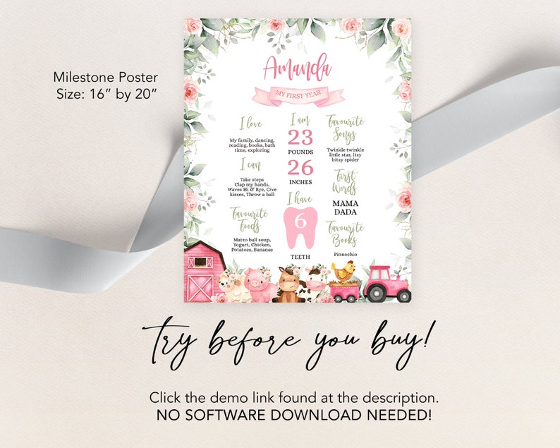 Peut inclure: Une affiche de jalons imprimable rose et verte pour le premier anniversaire d'une petite fille. L'affiche pr&eacute;sente un th&egrave;me de ferme avec une grange rouge, des animaux et un tracteur. L'affiche comprend le nom du b&eacute;b&eacute;, Amanda, et son &acirc;ge, son poids, sa taille et le nombre de ses dents. L'affiche comprend &eacute;galement les chansons, les mots, les aliments et les livres pr&eacute;f&eacute;r&eacute;s du b&eacute;b&eacute;.