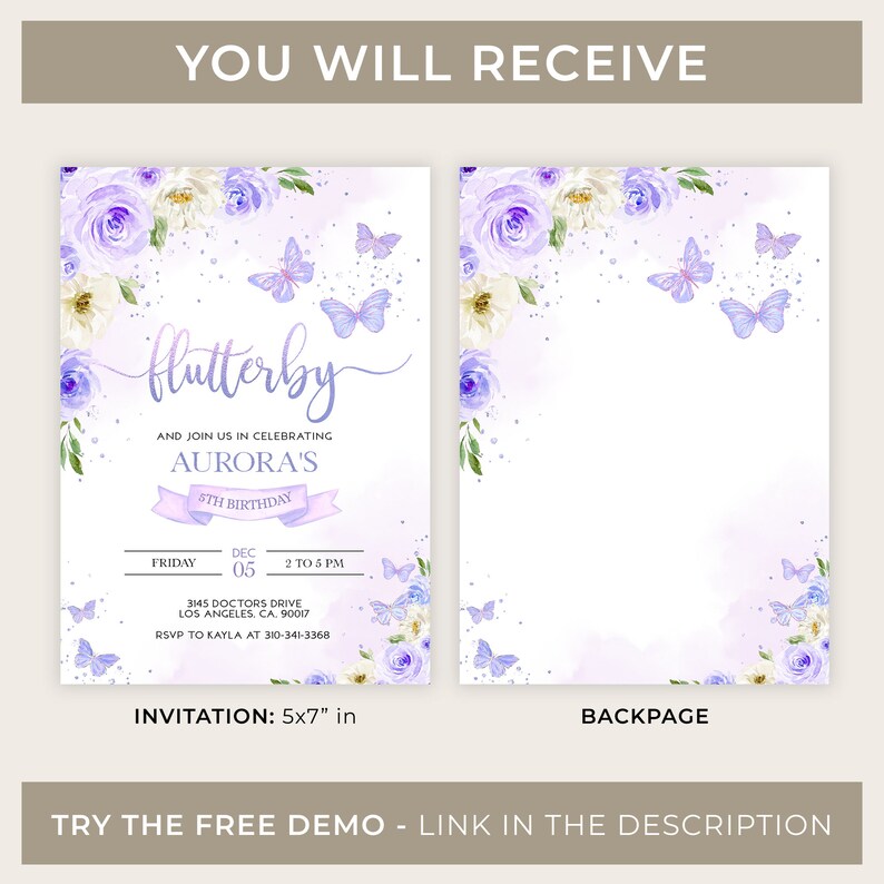 EDITABLE Butterfly Birthday Invitation, Kids Magical Garden Invite Template, Floral Lilac Purple and Gold Girl Party, Instant Download KP060 image 3