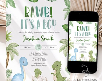 Könnte beinhalten: Eine Babyparty-Einladung mit einem grünen und blauen Dinosaurier-Motiv. Die Einladung lautet "RAWR! Es ist ein Junge" und enthält den Namen "Josefina Smith". Die Einladung enthält auch das Datum und die Uhrzeit der Party, die Adresse und die RSVP-Informationen.