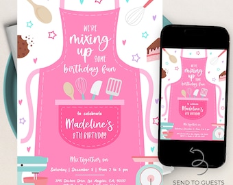 EDITABLE Baking Birthday Invitation, Kitchen Party Invite Template, Pink Cooking Party, Chef Cake Pastries Cookie, Instant Download, KP054