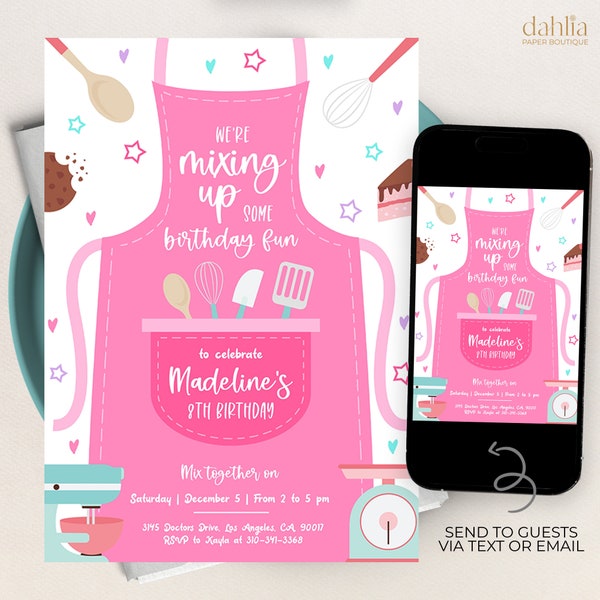 EDITABLE Baking Birthday Invitation, Kitchen Party Invite Template, Pink Cooking Party, Chef Cake Pastries Cookie, Instant Download, KP054