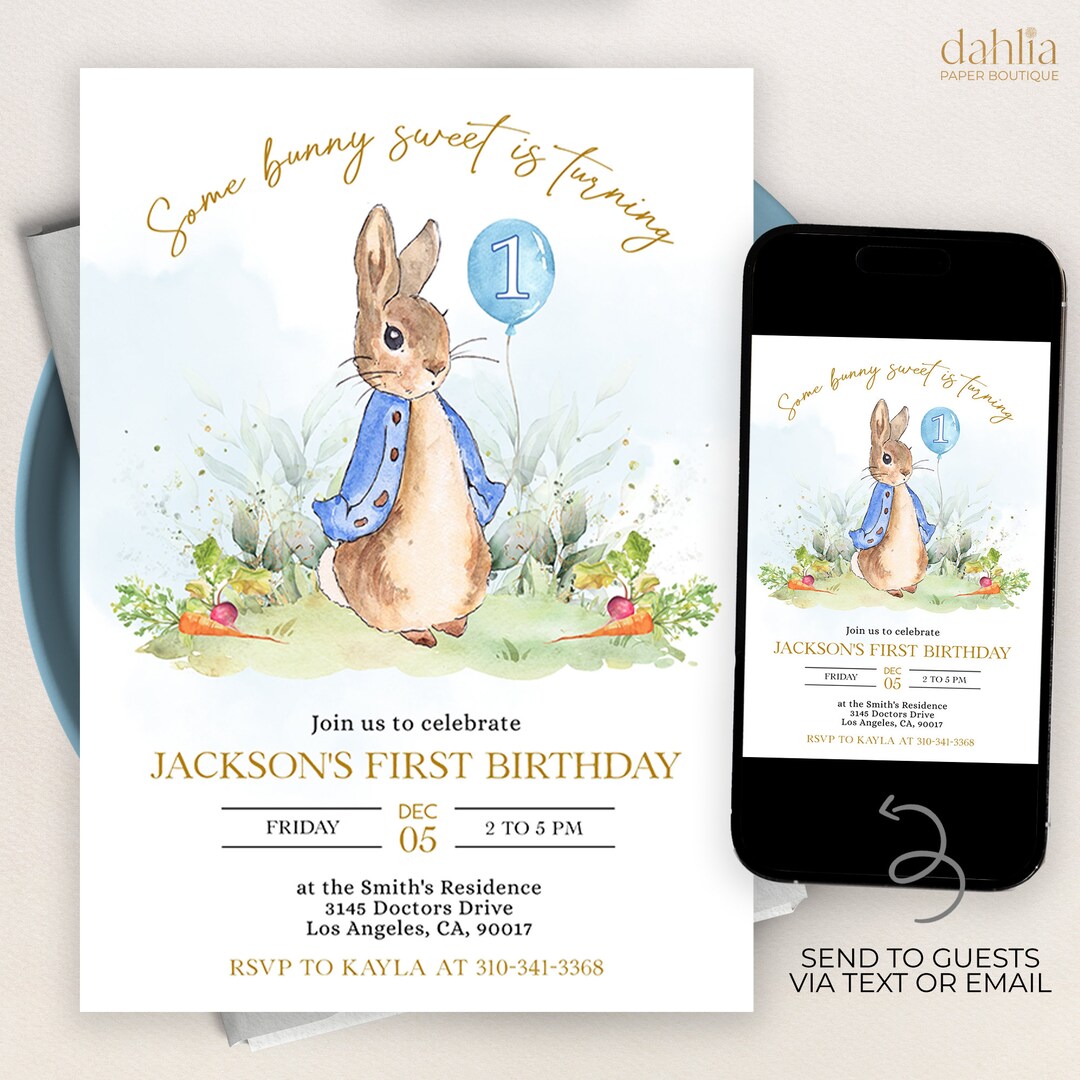 Peter Rabbit First Birthday Invitation, Editable Invite Template ...