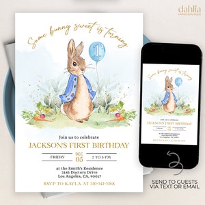 Invito per il primo compleanno di Peter Rabbit, modello di invito modificabile, coniglietto rustico, 1° compleanno, festa per ragazzi stampabile, download immediato, Corjl