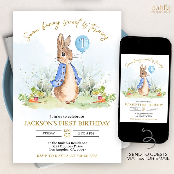Peter Rabbit First Birthday Invitation, Editable Invite Template, Rustic Bunny, 1st Birthday, Boy Party Printable, Instant Download, Corjl