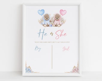 Bear Gender Reveal Voting Sign, He or She Poster, Girl or Boy, Guess The Gender Banner Template, Baby Shower Games, Instant Download GR002