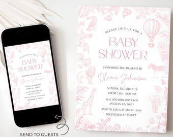 May include: Pink baby shower invitation with a jungle theme. The invitation features a hot air balloon, a giraffe, a zebra, a lion, and a toucan. The text on the invitation reads "Please join us for a baby shower honouring the mom-to-be Olivia Johnson. Sunday, October 19 from 2:00 - 5:00 PM. 3145 Doctors Drive Los Angeles, CA, 90017. RSVP to Kayla at 310-341-3368. Registered at Target."