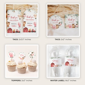 May include: Farm animal themed baby shower party decorations. Includes tags, toppers, and water bottle labels. The tags are 2x3.5 inches and feature a pink pig, brown cow, and white sheep. The toppers are 2x2 inches and feature a pink pig, brown cow, and white sheep. The water bottle labels are 8x2 inches and feature a pink pig, brown cow, and white sheep. The text on the tags says "Thank you for coming" and "With love, [Name]". The text on the toppers says "Bethany's Baby Shower". The text on the water bottle labels says "Bethany's Baby Shower".