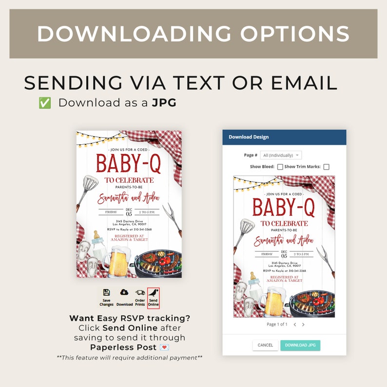 Op de afbeelding: Een digitale download voor een babyshower-uitnodiging. De uitnodiging bevat een aquarel-illustratie van een grill, bier en een babyfles met de tekst "Sluit je aan bij ons voor een gemengde Baby-Q om de aanstaande ouders Samantha en Aiden te vieren".