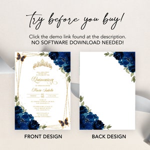 Elegant Navy Blue and Gold Quinceañera Invitation, EDITABLE Tiara Rose 15th Birthday Party Invite, Mis Quince Anos, Printable Template, Q018 image 6