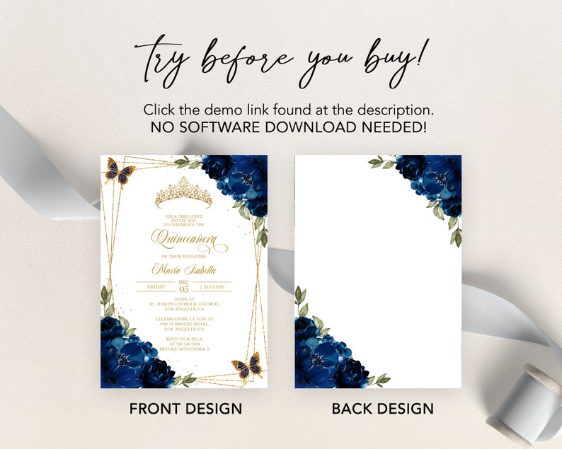 Elegant Navy Blue and Gold Quinceañera Invitation, EDITABLE Tiara Rose 15th Birthday Party Invite, Mis Quince Anos, Printable Template, Q018 image 6