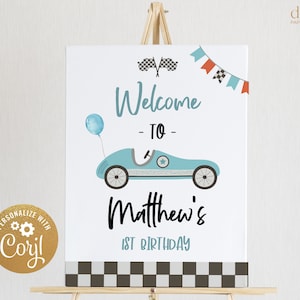 Blauwe raceauto eerste verjaardag welkomstbord, eerste reis rond de baanbanner, afdrukbare racewagen Kids Party Decor, Instant Download KP139