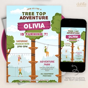 Puede incluir: Una invitación de cumpleaños con temática de aventura en las copas de los árboles. La invitación presenta el nombre "Olivia" y el texto "¡cumple 7 años!" Los detalles del evento incluyen la fecha, la hora y el lugar del parque de aventuras.