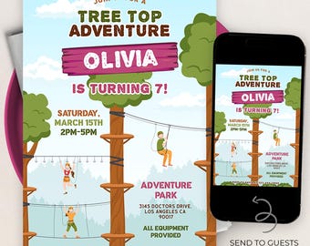 May include: A birthday party invitation with a tree top adventure theme. The invitation features the name "Olivia" and the text "is turning 7!" The event details include the date, time, and location of the adventure park.