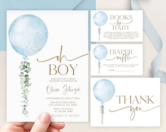 Puede incluir: Una invitación de baby shower azul y dorada con un globo de acuarela y vegetación. La invitación dice "¡Oh Boy!" e incluye la fecha, la hora y el lugar de la ducha. También incluye el nombre del bebé, Olivia Johnson, y la información de RSVP. La invitación también incluye una solicitud para que los invitados traigan un libro para el bebé.