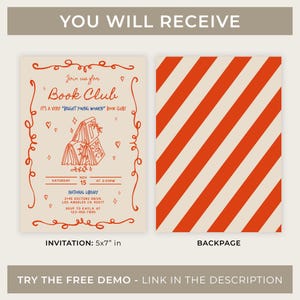 May include: A 5x7 inch book club invitation card with a cream background and red text. The front features a stack of books, hearts, and event details including the date, time, and location. The back displays a pattern of diagonal red stripes.