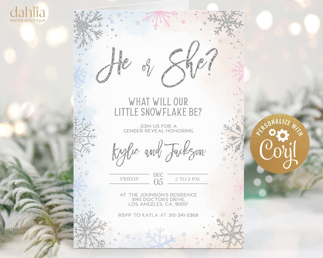 Winter Gender Reveal Invitation, Snowflake Gender Reveal Party Invite