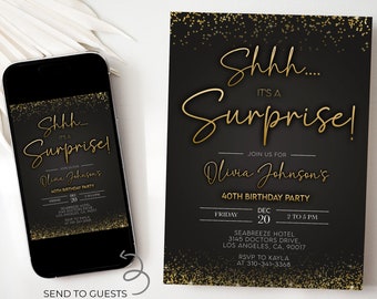 Könnte beinhalten: Eine schwarze und goldene Geburtstagseinladung mit goldenem Glitzerkonfetti. Die Einladung lautet "Shhh... Es ist eine Überraschung! Begleiten Sie uns zur 40. Geburtstagsfeier von Olivia Johnson. Freitag, 20. Dezember, 14:00 bis 17:00 Uhr. Seabreeze Hotel, 3145 Doctors Drive, Los Angeles, CA, 90017. RSVP an Kayla unter 310-341-3368."