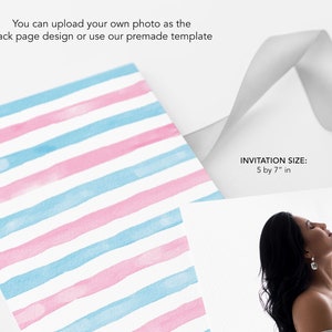 May include: A pink and blue striped invitation card with the text "INVITATION SIZE: 5 by 7" inches.