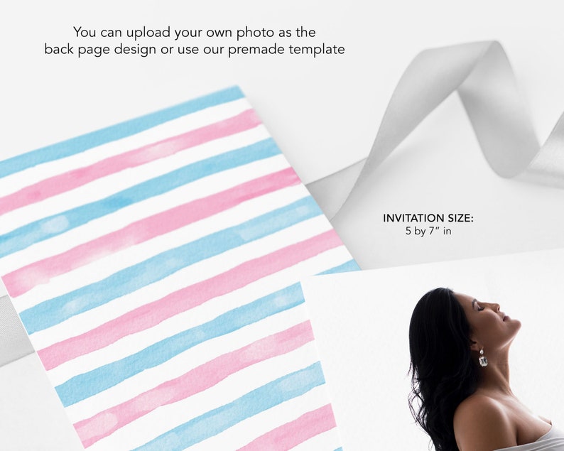 May include: A pink and blue striped invitation card with the text "INVITATION SIZE: 5 by 7" inches.
