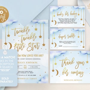 May include: A blue and gold baby shower invitation with a watercolor cloud design. The invitation features the text "Twinkle Twinkle Little Star" and includes details for a baby shower honoring "Hany Johnson".