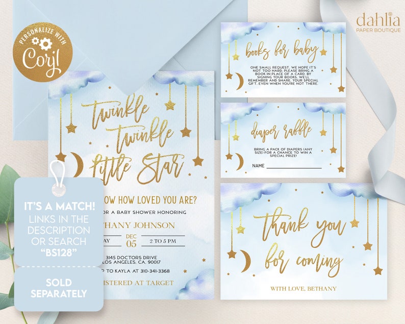 May include: A blue and gold baby shower invitation with a watercolor cloud design. The invitation features the text "Twinkle Twinkle Little Star" and includes details for a baby shower honoring "Hany Johnson".