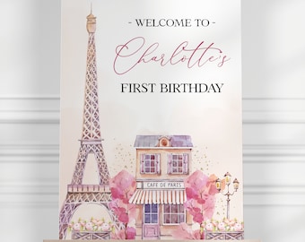 編集可能なパリの 1 歳の誕生日のウェルカム サイン、フランスの 1 歳の誕生日パーティー テンプレート、女の子のエッフェル塔、シックなピンクのパリのカフェ、すぐにダウンロードできる KP050