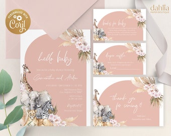 Peut inclure: Une invitation de fête prénatale rose et blanche avec une illustration aquarelle d'une girafe, d'un éléphant, d'un zèbre et d'un lion. L'invitation dit "hello baby" et comprend les noms Samantha et Aiden. L'invitation comprend également la date, l'heure et le lieu de la fête.