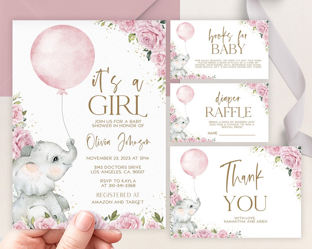 Pink Elephant Balloon Baby Shower Invitation Set EDITABLE - Etsy